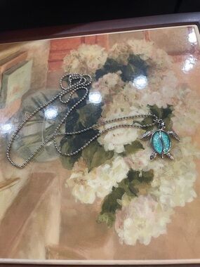 Silver Turtle Pendant Necklace with Blue-Green Opal Inlay